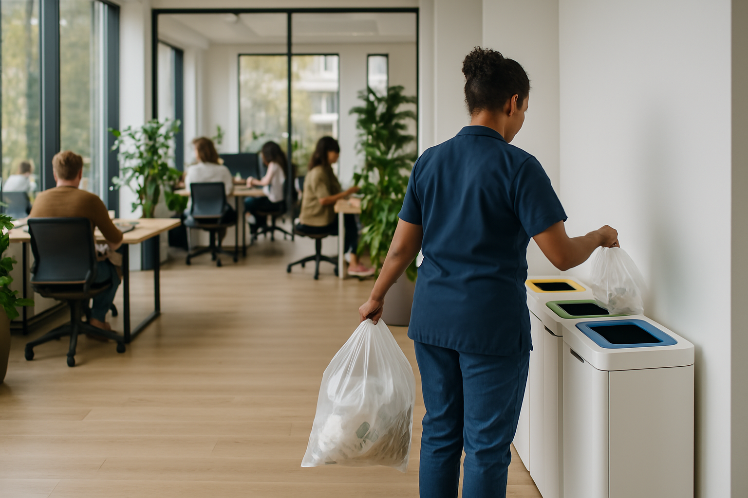 Agente de tri dans des bureaux avec sacs transparents et bornes de tri sélectif
